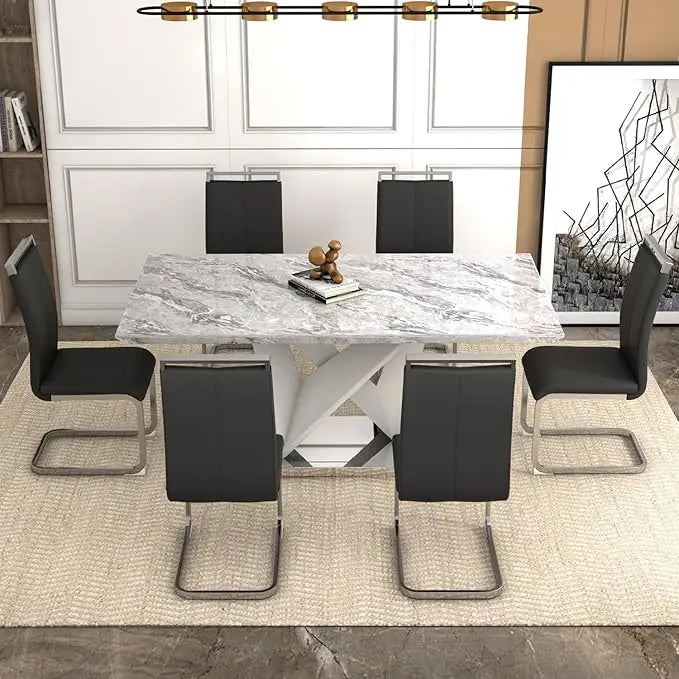 Faux Marble Dining Room Table Set 71'' Rectangular Kitchen Table