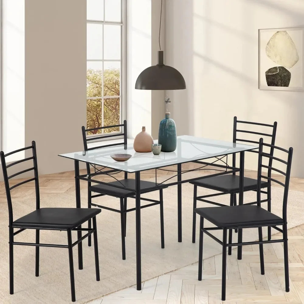 Classic dining table set, glass top table with Metal legs