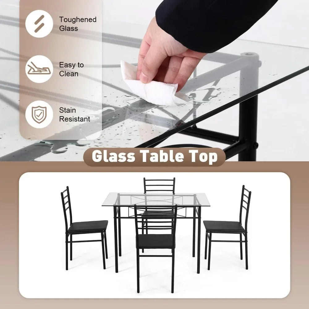 Classic dining table set, glass top table with Metal legs