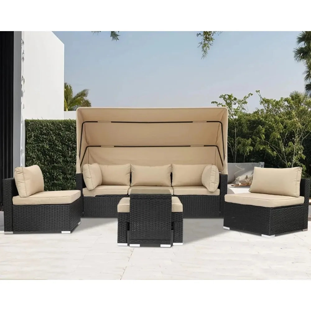 Rattan Daybed w/Retractable Canopy, Wicker Patio Furniture Set