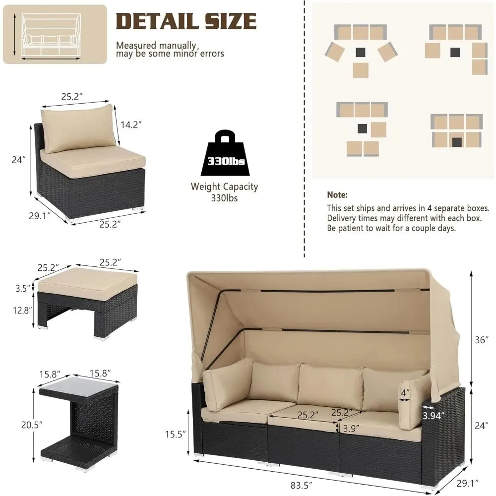 Rattan Daybed w/Retractable Canopy, Wicker Patio Furniture Set