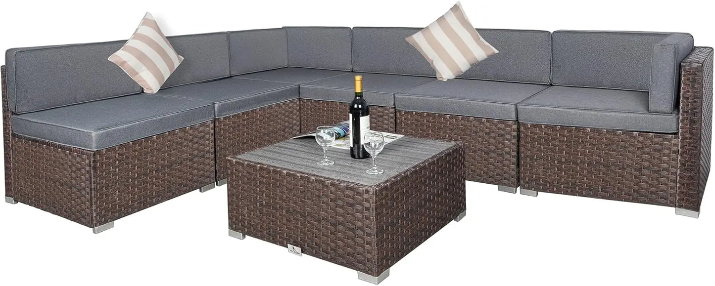 PE Rattan Wicker Conversation Couch Sets with Slatted Table & Pillows