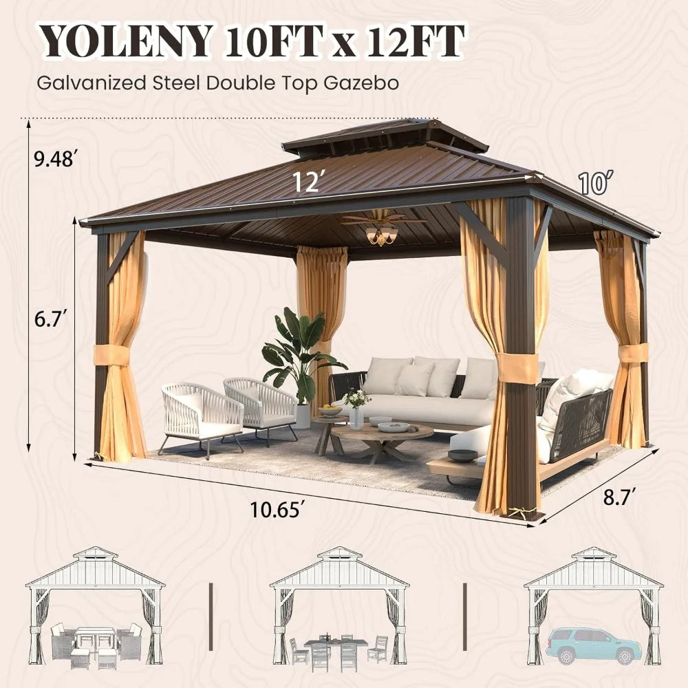 Metal, Hardtop Gazebo, Double Galvanized Steel Roof, Curtains and Netting Included