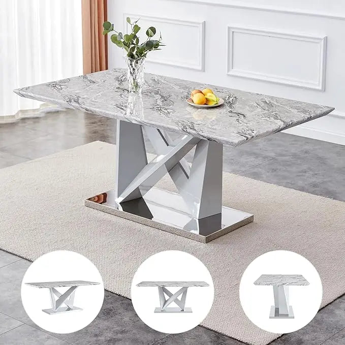 Faux Marble Dining Room Table Set 71'' Rectangular Kitchen Table