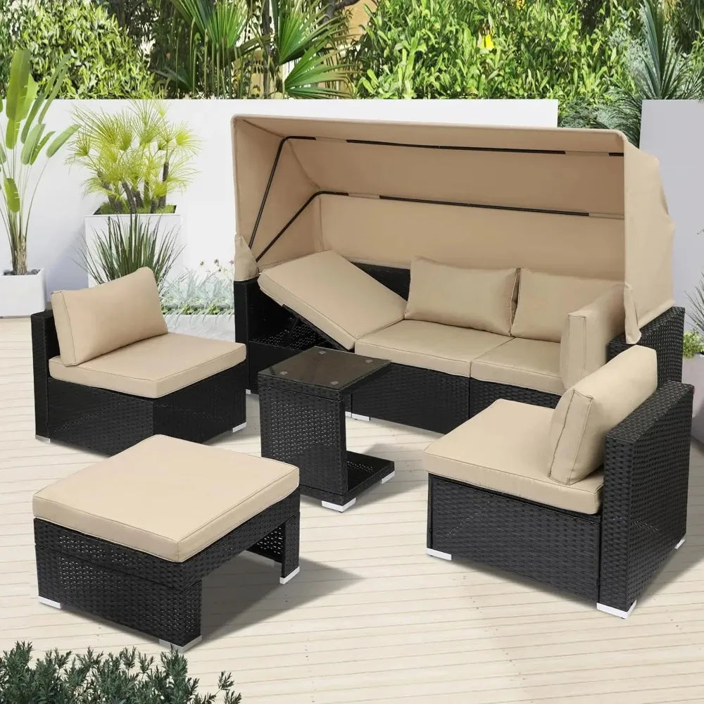 Rattan Daybed w/Retractable Canopy, Wicker Patio Furniture Set