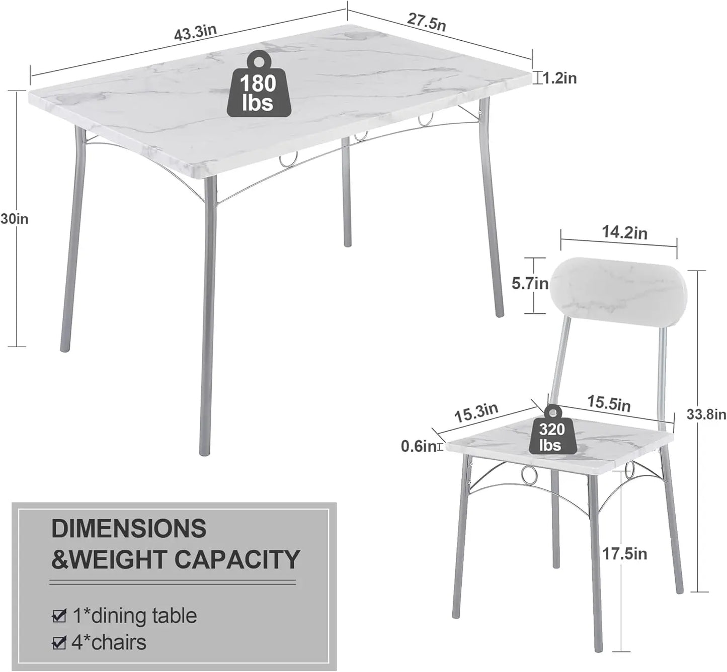 Dinette with Chairs for Kitchen, Breakfast Nook and Small Space, 43.3", White