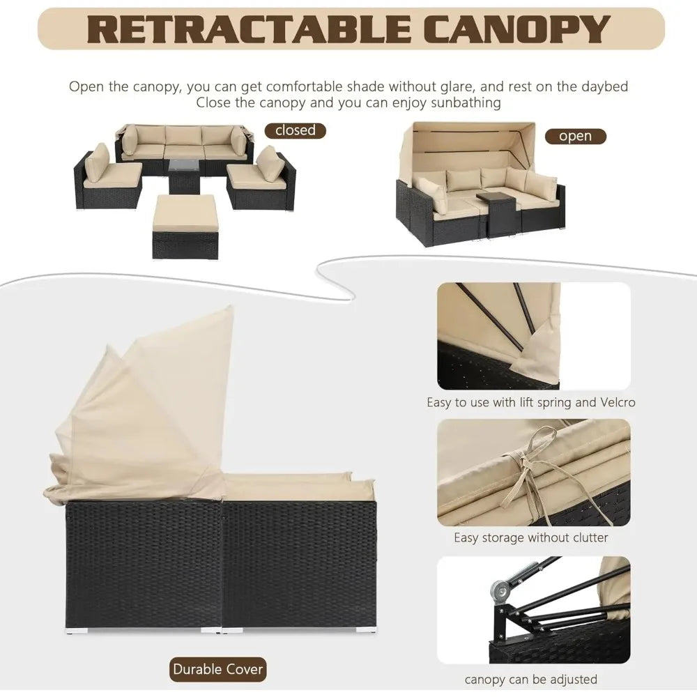 Rattan Daybed w/Retractable Canopy, Wicker Patio Furniture Set